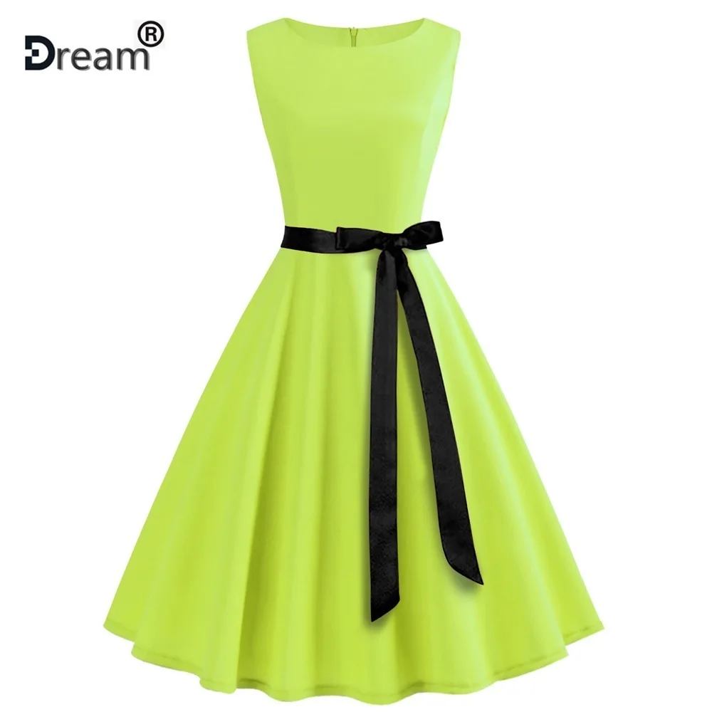 

Green Sleeveless Elegant Office Party Dress Women Summer Casual Midi Dresses 50s 60s Vintage Robe Femme Rockabilly Swing Dress