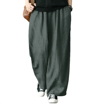 

Women Vintage Cotton Linen Solid Elastic Waist Wide Leg Pants Ladies Autumn Casual Loose Pockets Long Pants Trousers