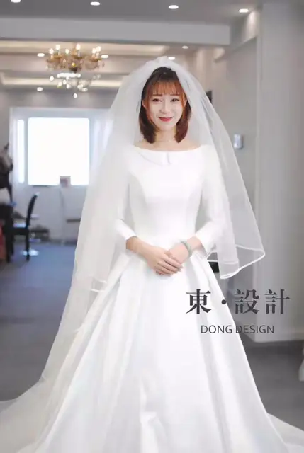 Umk 2019 Simple Muslim Long Sleeve Wedding Dress Cute Doll Collar