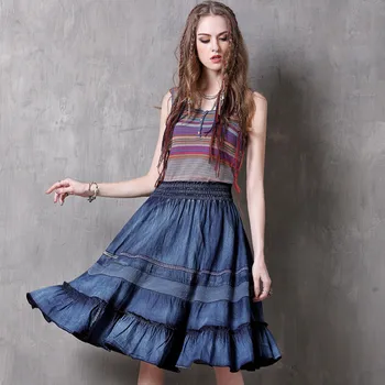 

Skirts Womens 2017 SIPAIYA New Denim Saias Ruffle Midi Skirt A-line Pleated Jeans Skirt Vintage Swing Hem Elastic Saia X2106