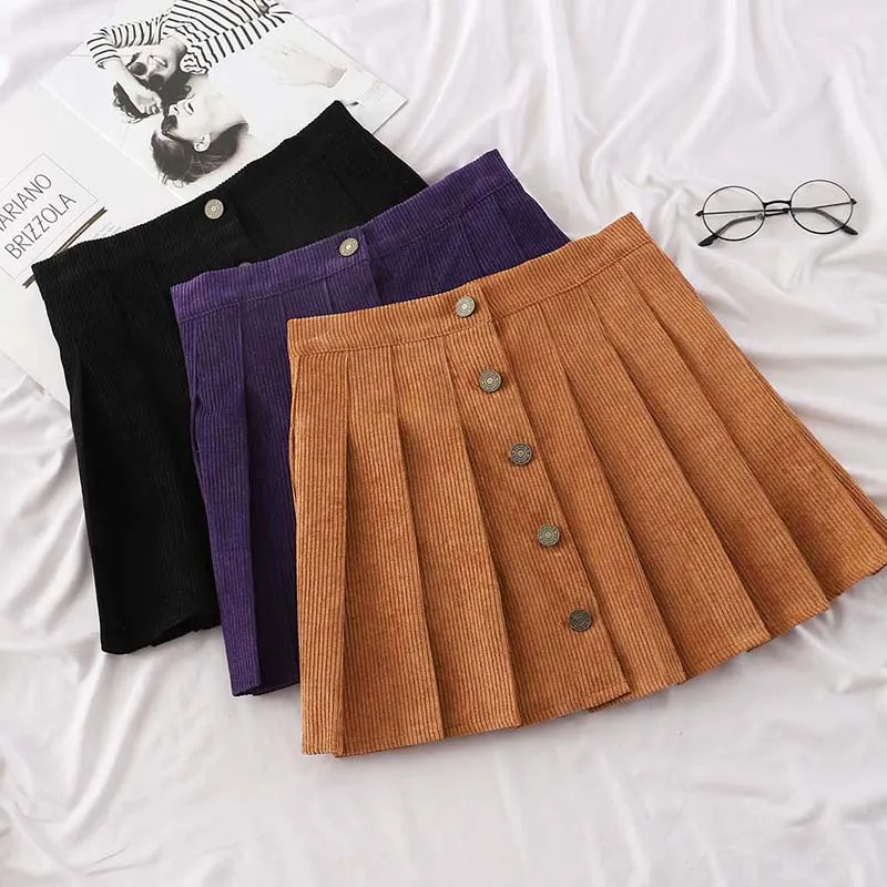 MUMUZI для женщин плиссированная юбка вельвет элегантный дизайн однотонные короткие юбки для мини милые школьная форма юбка женская Kawaii ЮБК
