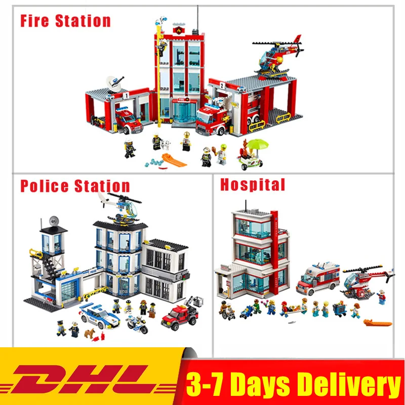 

Lepin City 02020 Police Station+ 02052 Fire Station +02113 Hospital Building Blocks Bricks Model Toys for Children Creative Gift