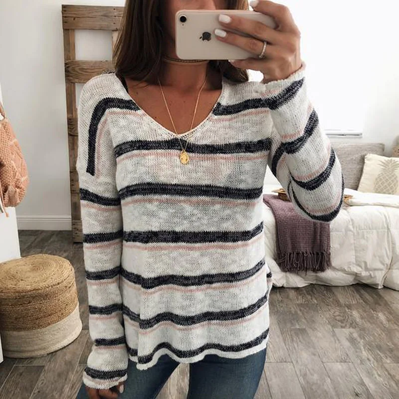 Qunndy Sexy V Neck Striped Knitted Sweater Women Pullover Hollow Out 2018 Winter Cashmere Ladies Sweaters Streetwear Jumper (4)