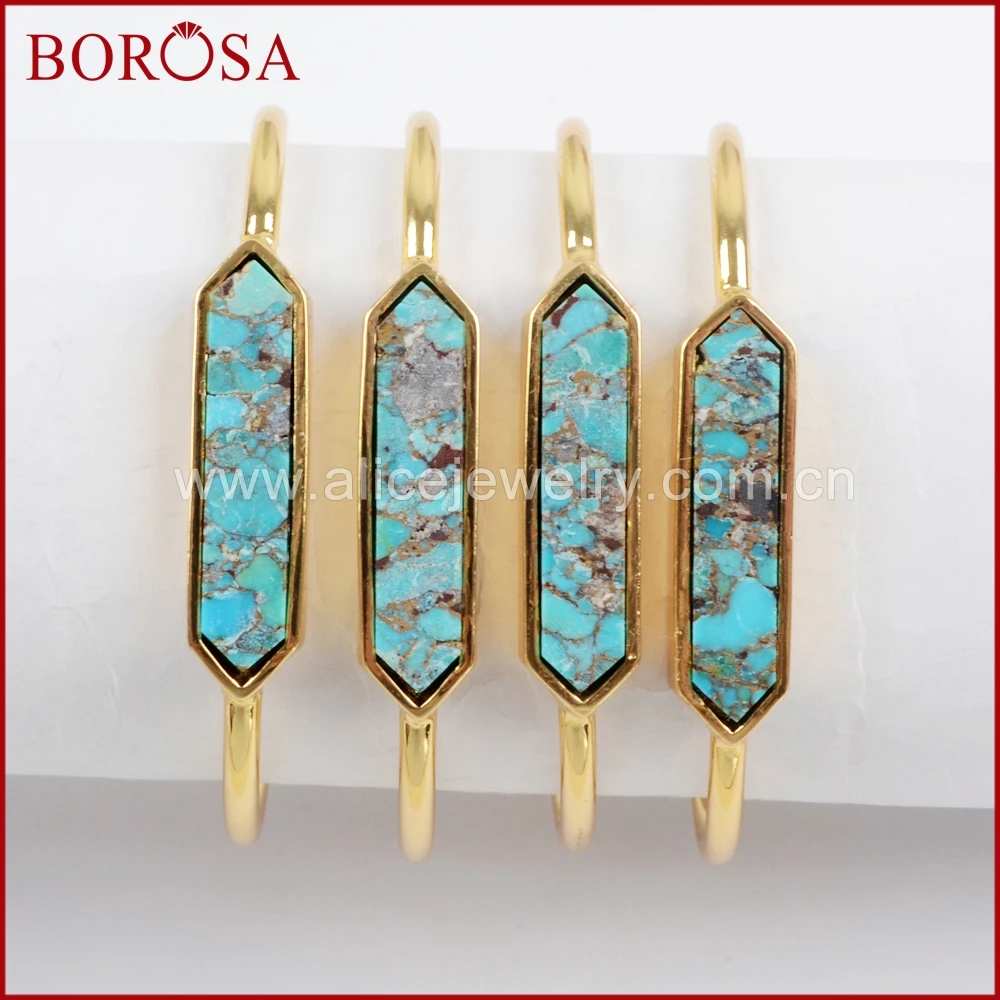 

BOROSA 5PCS Hexagon Gold Color Copper Natural Turquoises Bezel Open Bangle Natural Blue Stone Bracelet for Women Jewelry ZG0255