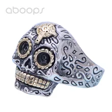 Mens Gothic Two Tone 925 Sterling Silver Punk Biker Skull Ring Jewelry with Gold Cross Adjustable linsion handmade 925 sterling silver mens biker rock punk blue cz eyes skull ring ta61 us size 7 15