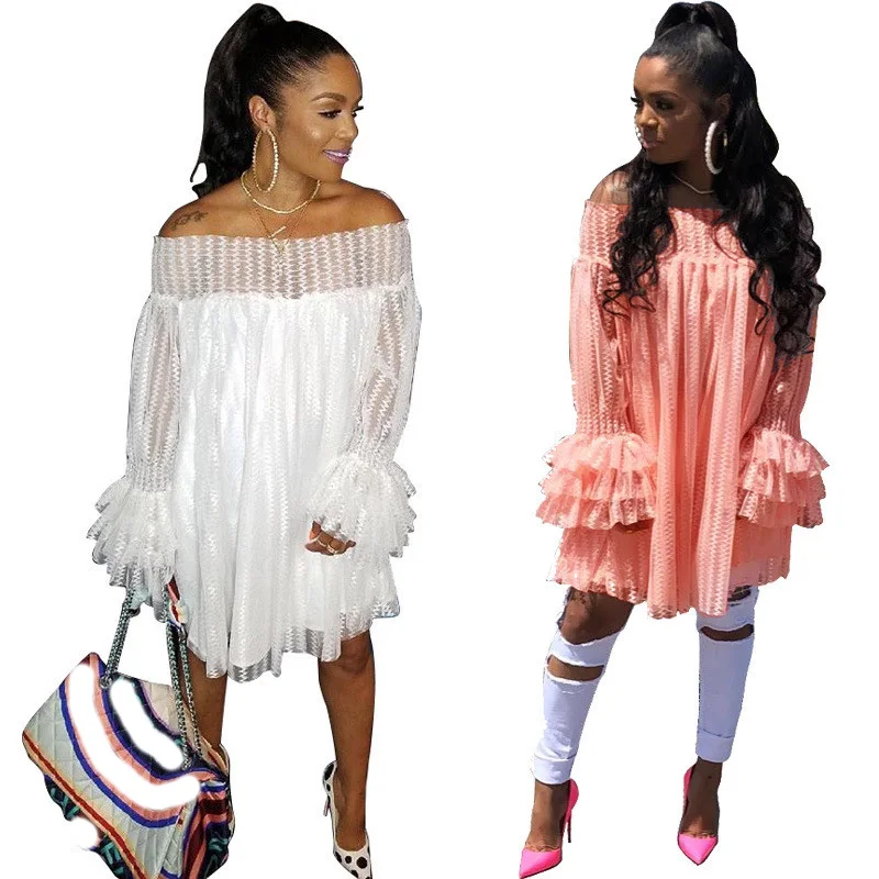 

Off The Shoulder Lace Dress Women New Fashion Tiered Flare Sleeve Sexy Mini Dress Party Summer Backless White Lace Dress Vestido