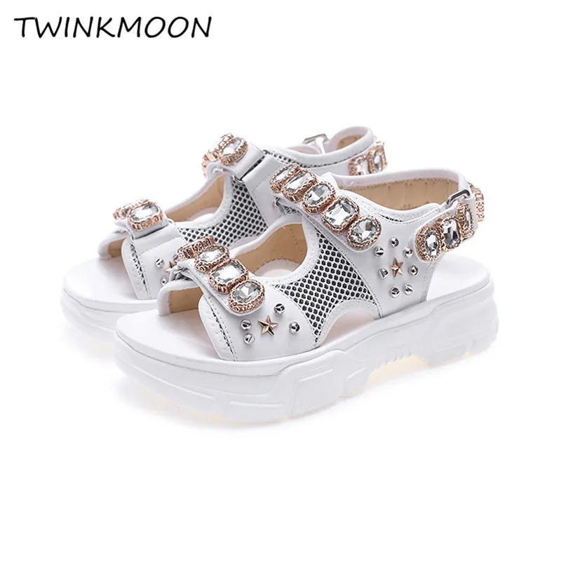 Big Rhinestone Chunky Sandal Women Platform Crystal 2019 Summer Ladies Shoes Thick Sole Height Increasing Mesh Casual Sandal