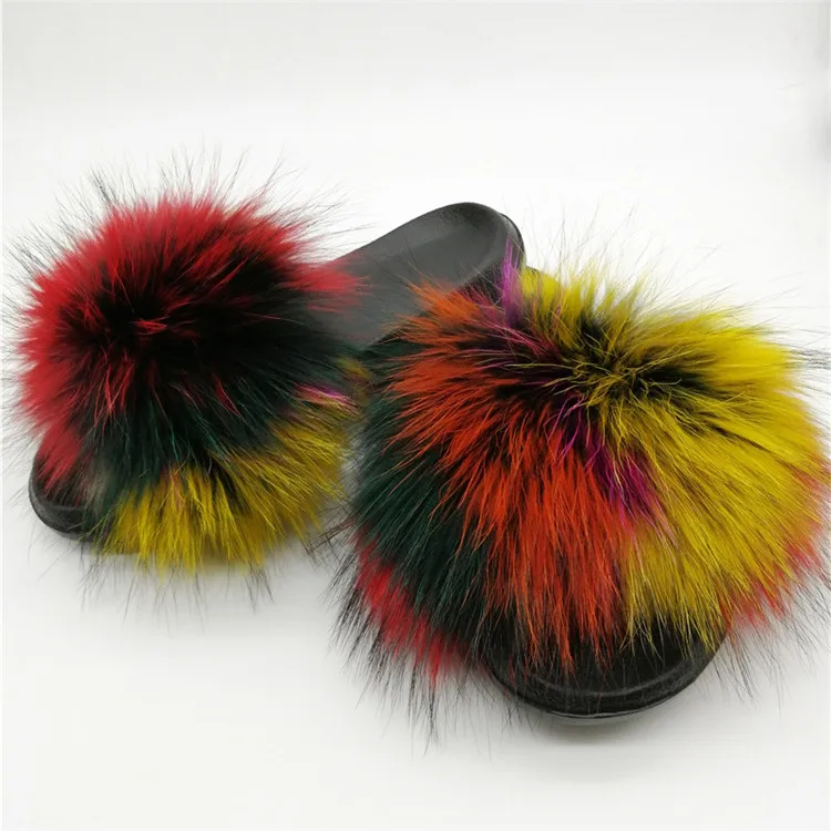 Women Fox Fur Slippers Real Fox Fur Slides Lovely Plush Slippers Woman Summer Home Sandals Women Fur Slides Furry Flip Flops Hot