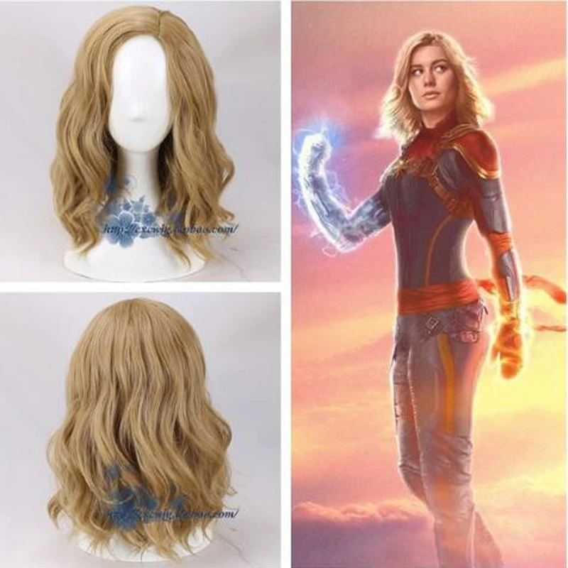 a wig cap Captain cosplay wig Marvel 40 cm short wavy curly blonde hair wig