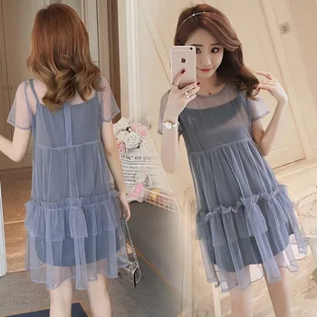 

Korean fashion two-piece maternity dress summer 2019 summer retro mesh skirt tide mother pregnancy skirt