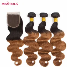 Miss Rola Hair Pre-colord Mongolian Body Wave Hair Weaving 3 Bundles With Closure #T1B/30 Color Human Non-Remy Hair Extension