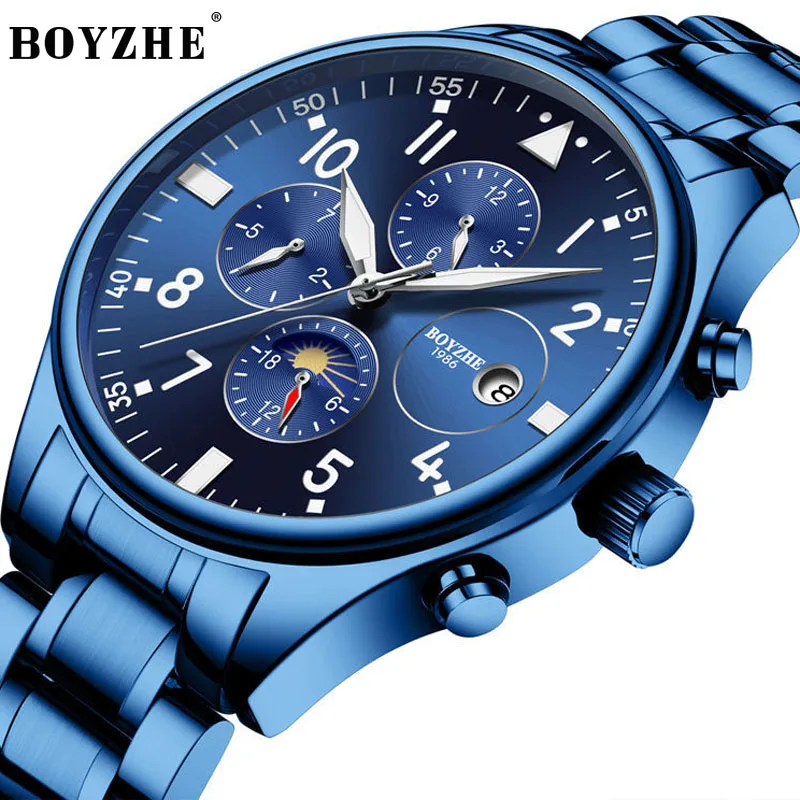 

BOYZHE Men Automatic Mechanical Watch Moon Phase Waterproof Luminous Stainless steel Blue Military Sport Watch Relogio Masculino