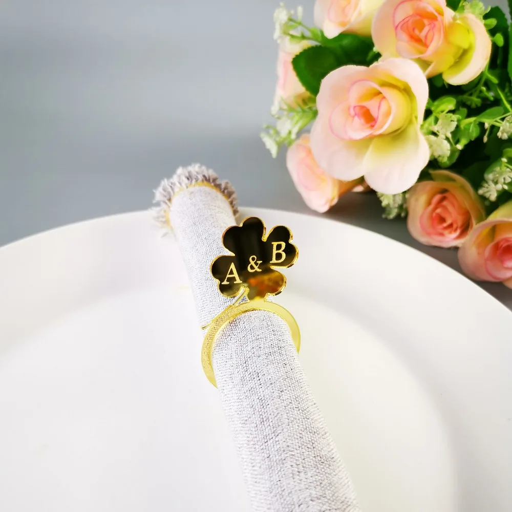 Personalized Wedding table Decor Four-leaf clover with Initials Napkin Ring ,Custom Wedding color woodAcrylic Cut napkin ring (1)