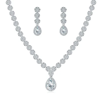 

WEIMANJINGDIAN Halo Pear Drop and Flower Cubic Zirconia CZ Crystal Necklace and Earring Wedding Bridal Jewelry Set