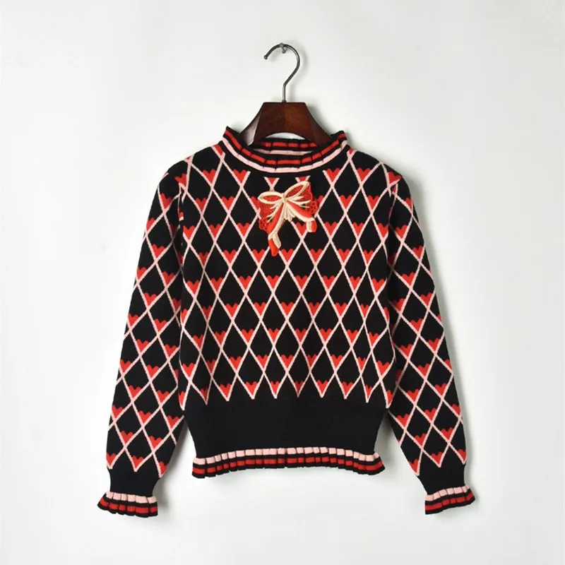 Роскошный брендовый дизайнерский вязаный свитер для женщин Винтаж с круглым вырезом и бантом аппликации Аргайл сердце трикотажные