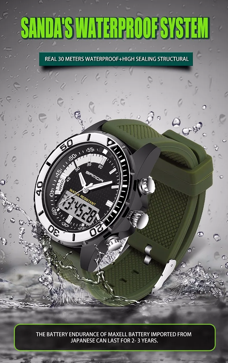 Мужские часы бренд SANDA спортивный дайвинг светодиодный дисплей наручные часы модные повседневные с резиновым ремешком часы мужские Montre Homme Relogio