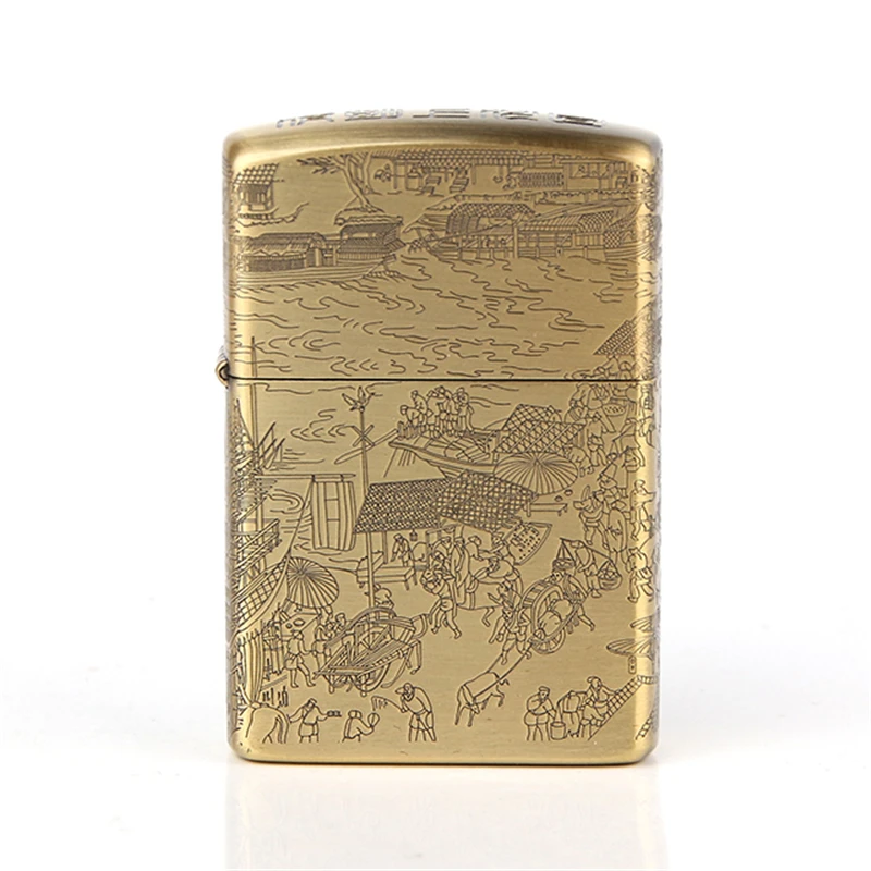 

Free shipping Pure copper material five-sided carved Qingming Shanghe figure pattern surface metal lighter kerosene lighter