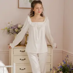 Осень Для женщин пижамные комплекты принцессы белый хлопок оборками воротник Королевский Винтаж длинные брюки пижамы Весна 18332