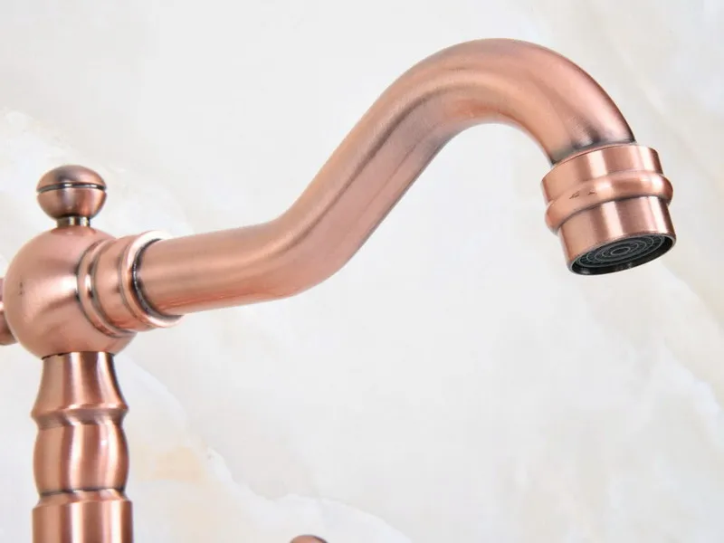 Antique Red Copper Brass Dual Cross Handles Bathroom Kitchen Basin Sink Faucet Mixer Tap Swivel Spout Deck Mounted mnf616