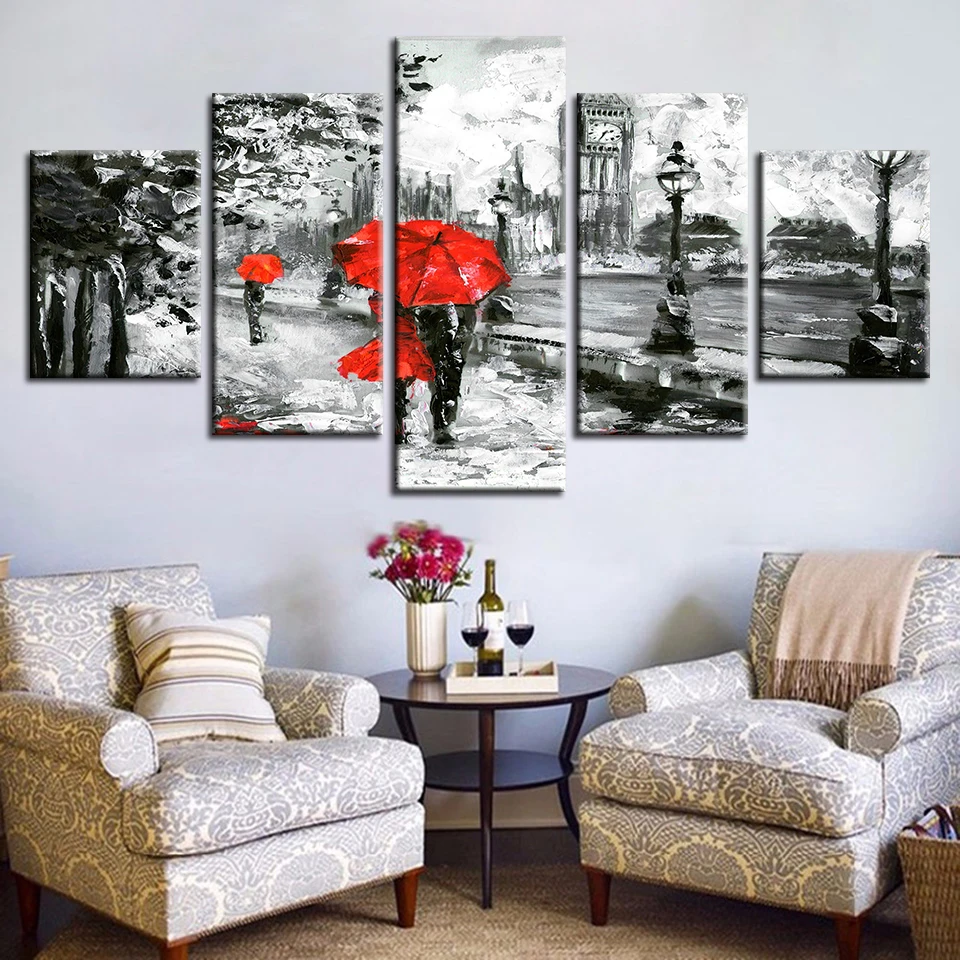 Canvas-Painting-Wall-Art-Prints-5-Pieces-Red-Umbrella-Lover-Poster-London-Street-Rain-View-Pictures