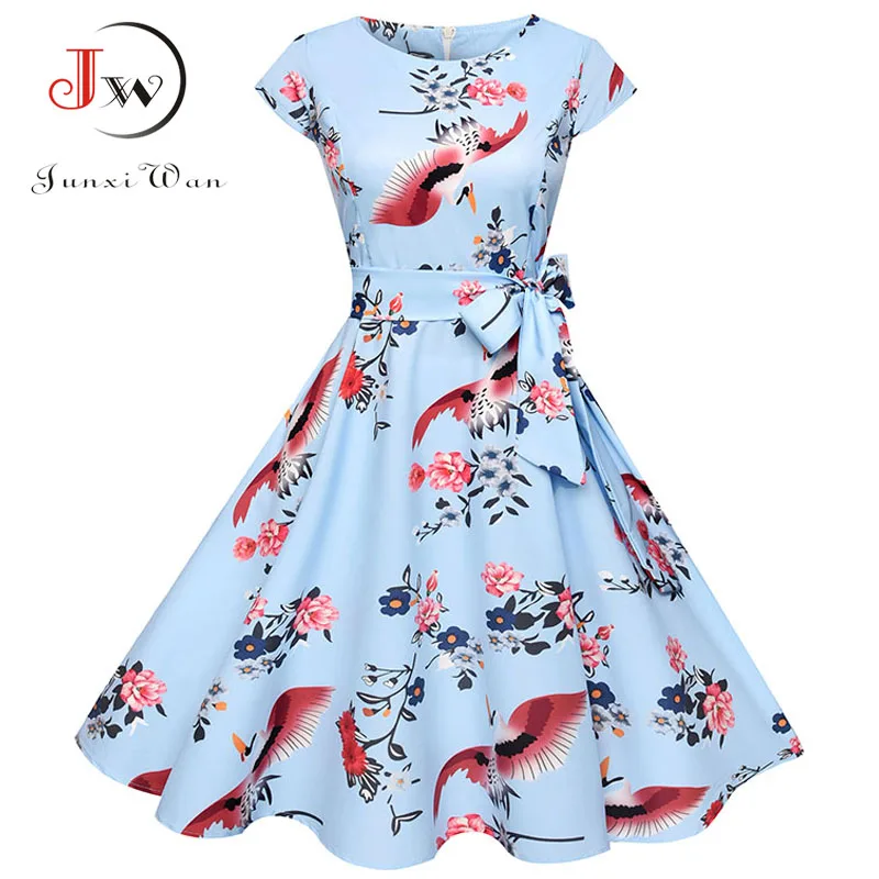 

Vintage Print Floral Dress Women Casual 50s 60s Vintage Dress Short Sleeve A-Line Summer Dress Polka Dot Party Plus Size