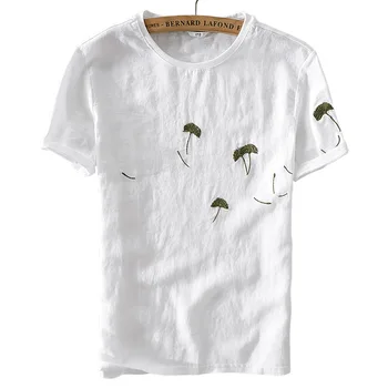 

Embroidery linen t-shirt men Italy style brand fashion men t shirt flax white M-3XL soft breathable tshirt male free shipping