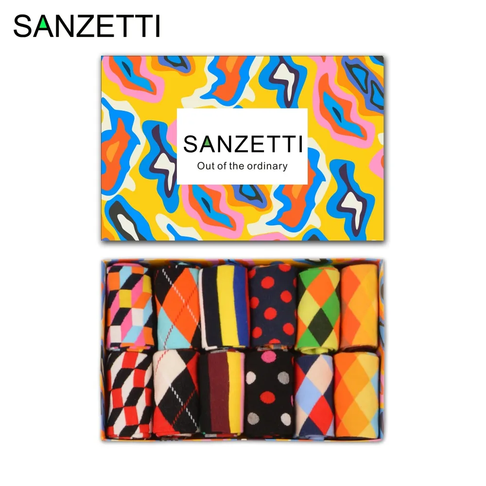 SANZETTI, 12 пар/лот, Подарочная коробка, модные мужские носки для скейтборда из чёсаного хлопка, в полоску, с ромбовидным узором, классические цветные носки