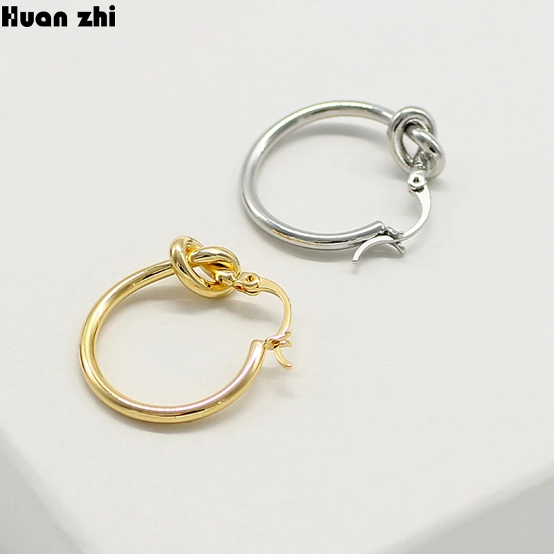 

HUANZHI 2019 Minimalist Metal Gold Copper Plated Geometric Knot Round Small Circle Hook Stud Earrings for Women Girl Jewelry