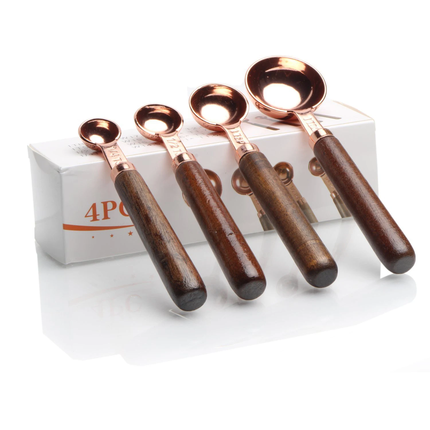 

Rose Gold Stainless Steel Measuring Spoons Set of 4 pieces Coffee Scoop with Wood Handle