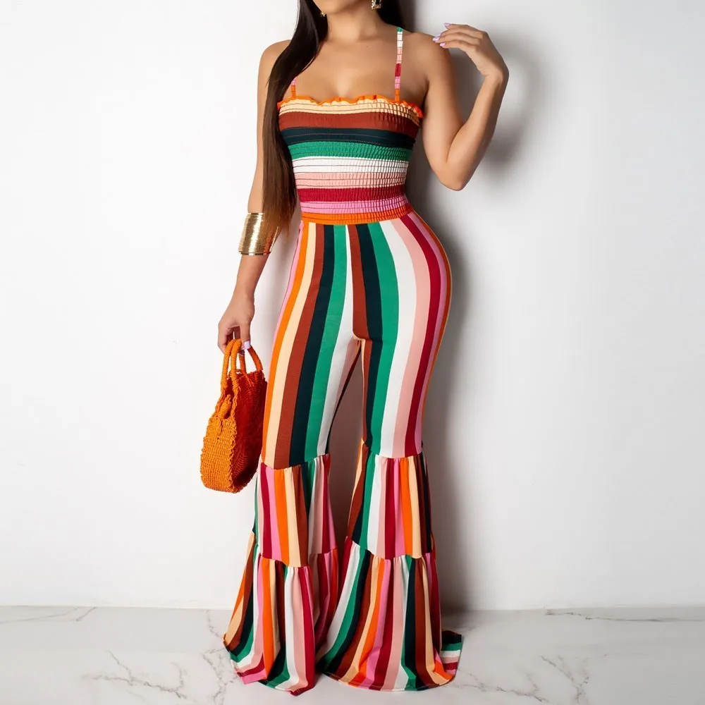 

Striped Print Sexy Jumpsuit Off The Shoulder Playsuit Backless Wide Leg Bodysuit Summer Spaghetti Strap Ruffles Clubwear Rompers