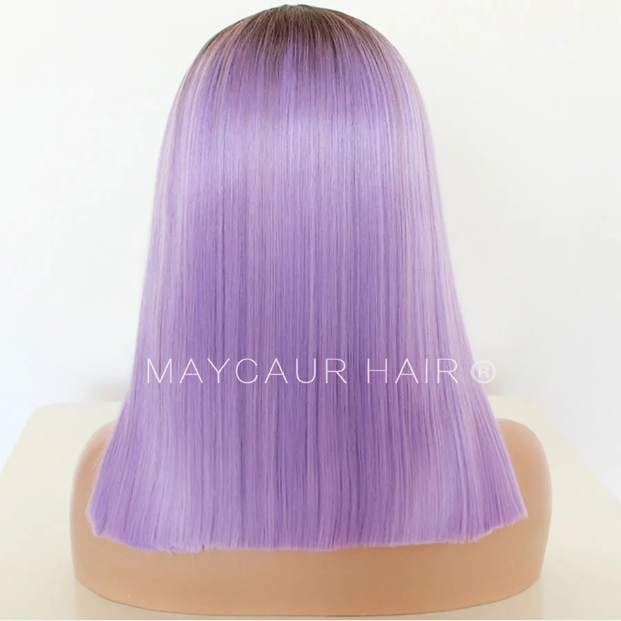 Maycaur Natural Black White Purple Ombre Color Synthetic Lace Front Wigs Short Cut Bob Wig Glueless Straight Hair (6)