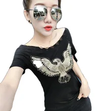 Европа Новинка летняя женская мода сексуальный тонкий короткий рукав Slash шеи блестки животных печать футболка Топы Женская рубашка с бисером