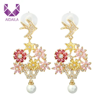 

Women Flower Dangle Earrings with Full AAA+ Cubic Zirconia Zircon Bird Shape and Pearl Colorful Beautiful Luxury Brand Design