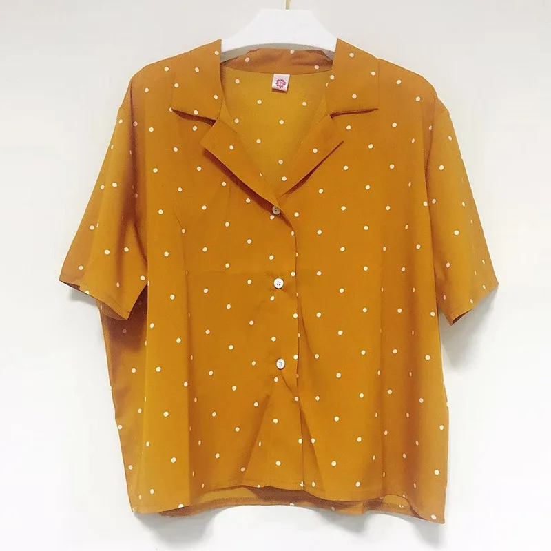 Женская летняя блузка в горошек с коротким рукавом, женские повседневные короткие топы с отложным воротником