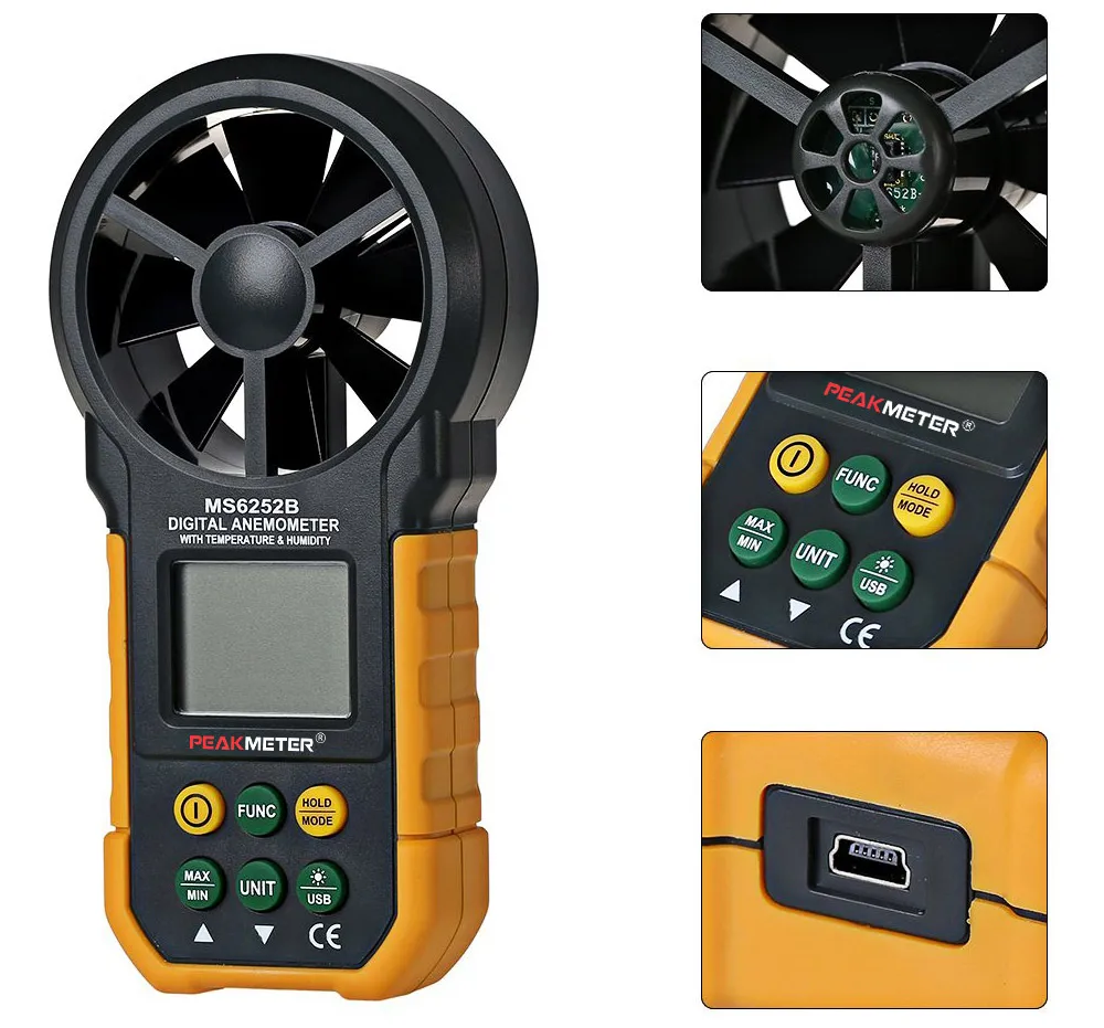 

PEAKMETER MS6252B Digital Anemometer AnemometroWind Monitor Air Volume Humidity Wind Meter USB Real Time Data Uploading
