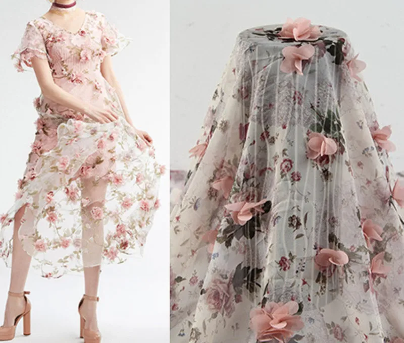 

FFLACELL 1 meter 3D lace fabric with Pink 3D rosette flowers appliques fabric Wide 140cm