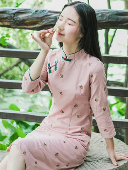 

2020 high quality navy blue satin cheongsam vintage handmade button lady's qipao full sleeve novelty long dress