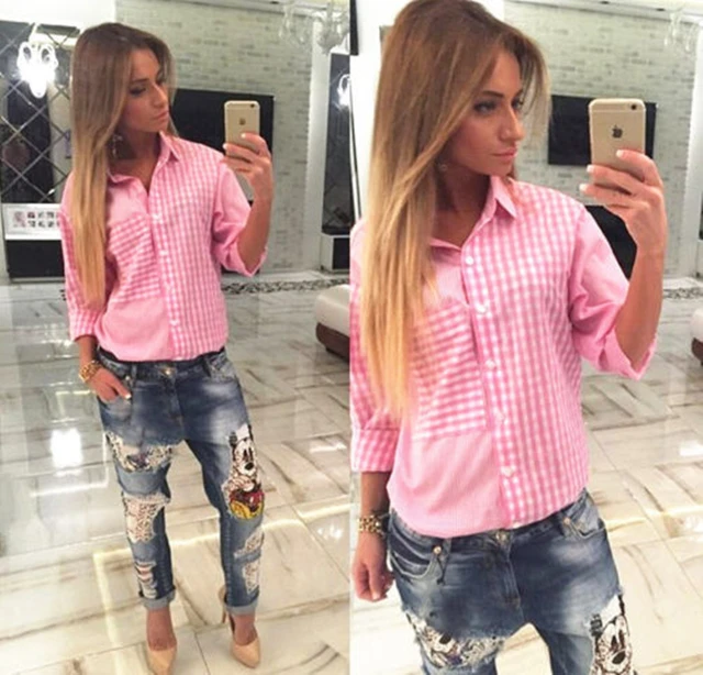 2015 nueva Casual rosa a cuadros manga larga Loose camisa a mujeres Ladies camisa botones camisas , blusa blusa _ - AliExpress Mobile