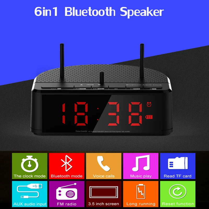 

6in1 FM Radio Wireless Bluetooth Speaker Desktop Alarm Clock with Big LED Display holder U Disk TF player Hands Free AUX In
