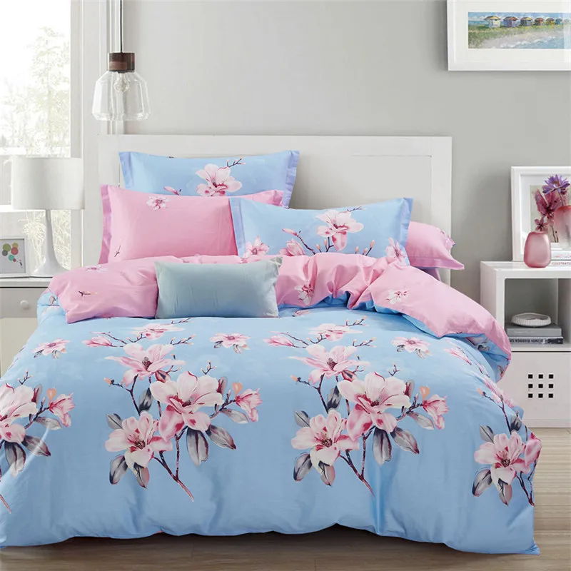 

Blue + Purple Print Pattern 4Pcs Double Bedding Set Queen Size With Duvet Cover Bed Sheet Bedspread Cotton Bed Sheets Strip