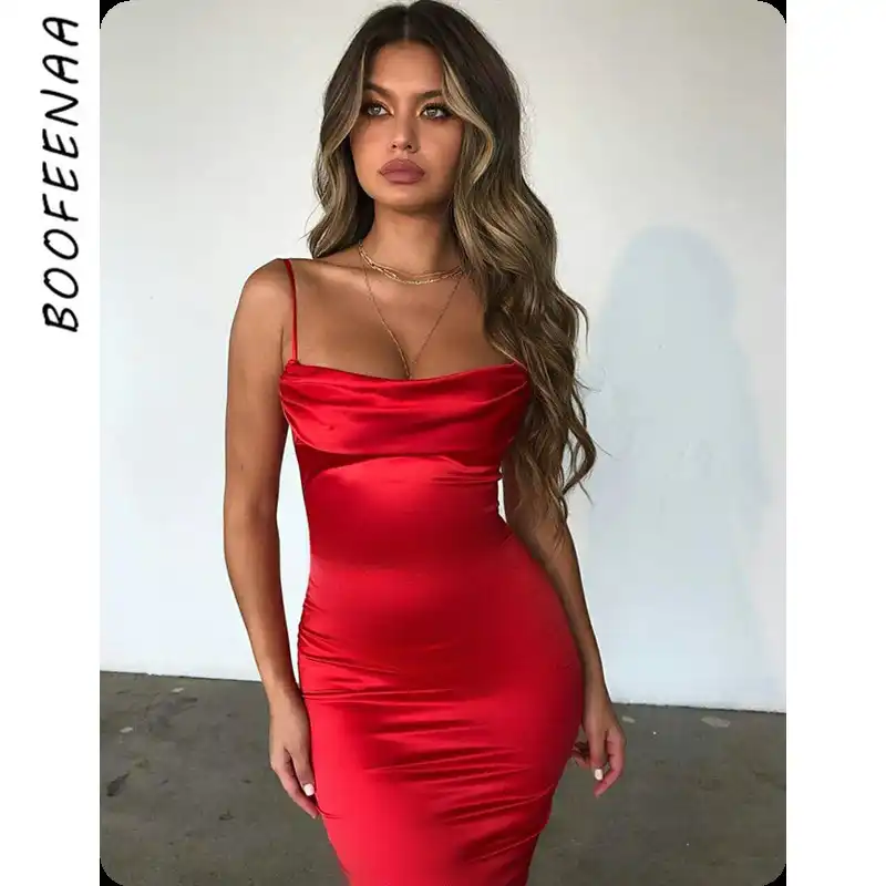 red satin mini bodycon dress