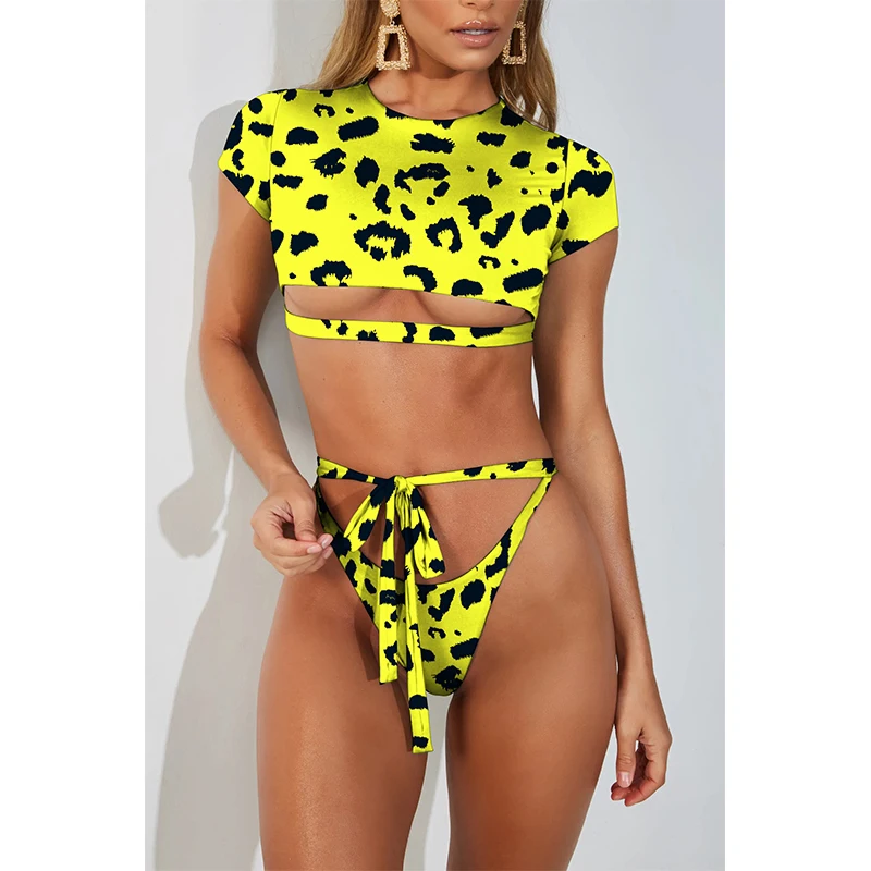 Z-LAI Bikini 2019 Bandage Swimsuit Sport Style Leopard Print Bikini Half-Sleeve Split Swimwear Solid Summer Beach Bathing Suits