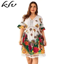 Plus Size Women Holiday BOHO V Neck Short Sleeve Tassels Lace Floral Print Short Wrap Dress plus size short sleeve floral pattern swimwear for women