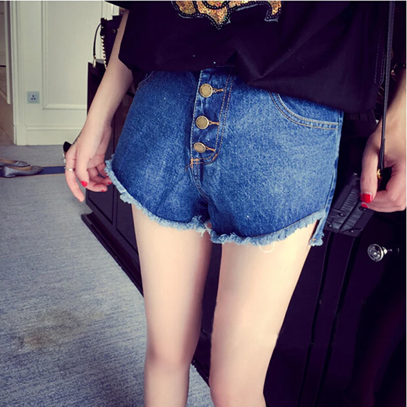 

Summer High Waist Slim Casual Fringed Edge Shorts Denim Shorts Women Fashion Style Button Slim Denim Shorts