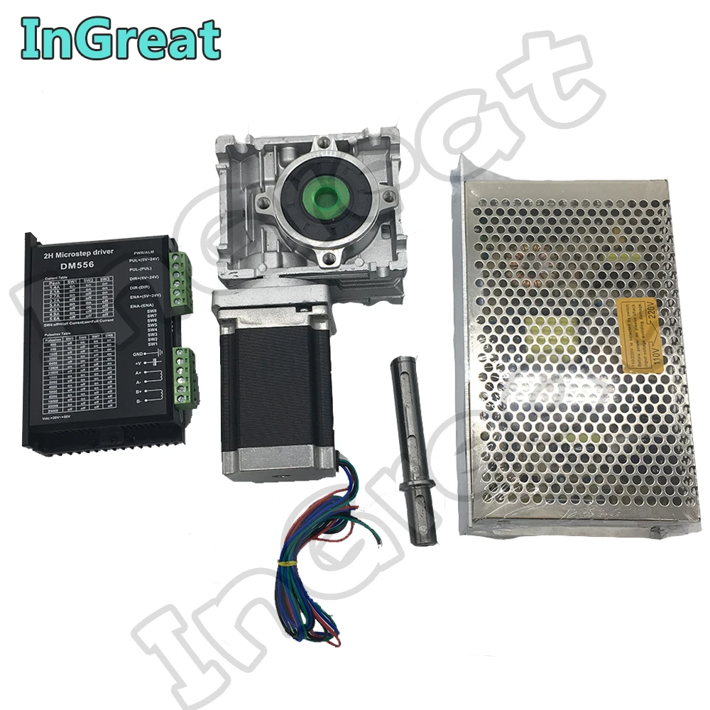 

Worm Gearbox RV030 Ratio50:1~80:1+ Nema23 Stepper Motor 100MM 2.5NM +DM556 Drive 5.6A +200W Power Supply Kit Convert 90 Degree