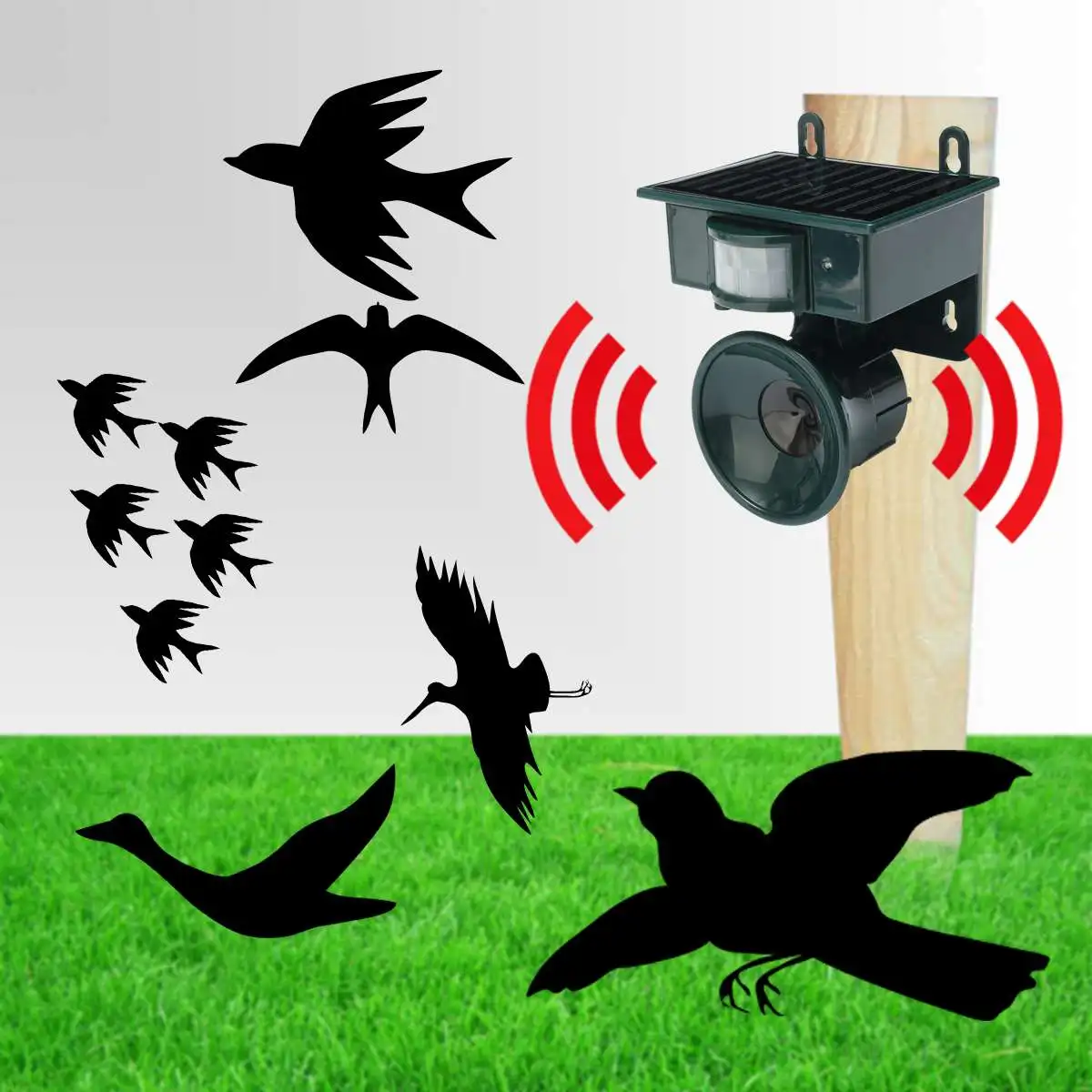 

Solar Powered Ultrasonic Bird Repeller PIR Motion Sensor Animal Repellent Bird Pest for Home and Garden Protection