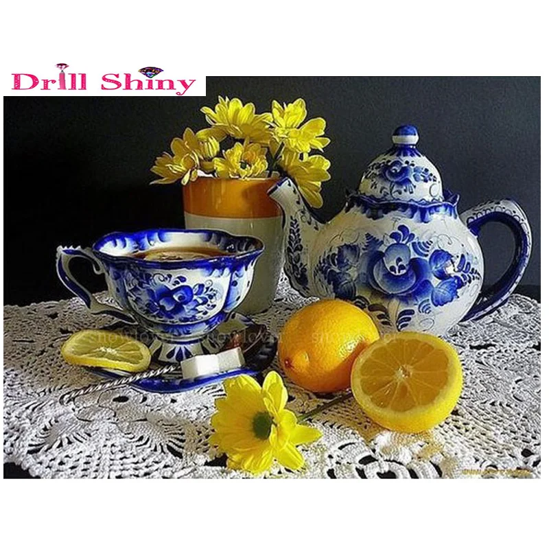 Drill Shiny Lemon tea pot flowers diamond painting cross stitch full 5D embroidery wedding decoration round gift | Дом и сад