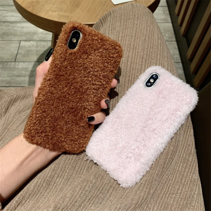 Fluffy Teddy Dog Plush Phone Case for iPhone 8 8plus Warm Artificial Hair Fur Cover for iphone 6