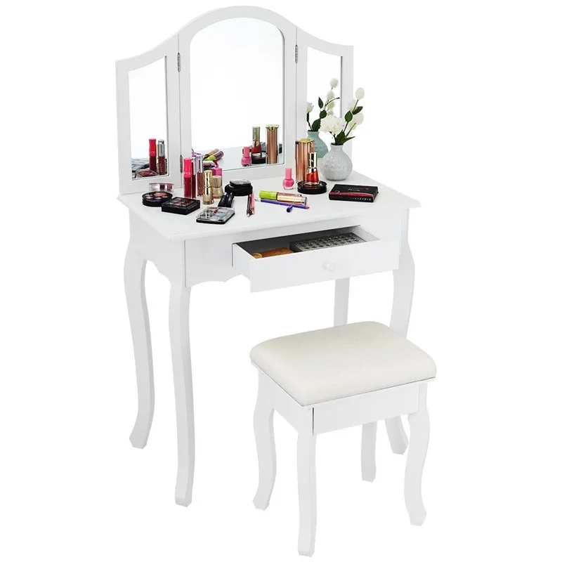 

Black / White Vanity Makeup Dressing Table with Tri Folding Mirror Big Jewelry Drawer Makeup Vanity Women Bedroom Dresser Set