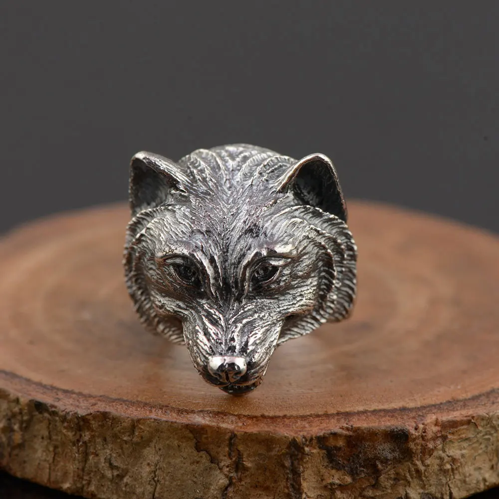 FNJ 925 Silver Wolf dog Ring Fashion Punk Animal Head Real S925 Sterling Thai Silver Rings for Men Jewelry Adjustable Size
